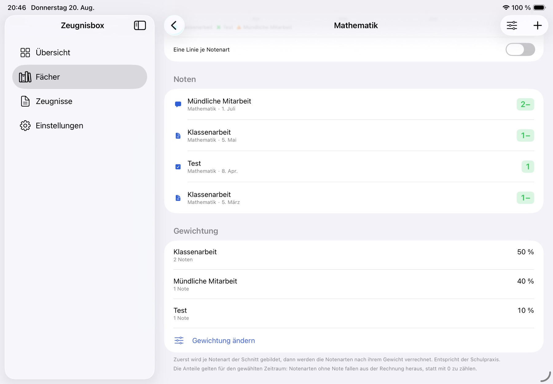 Notenliste und Gewichtung derselben Fachansicht auf dem iPad
