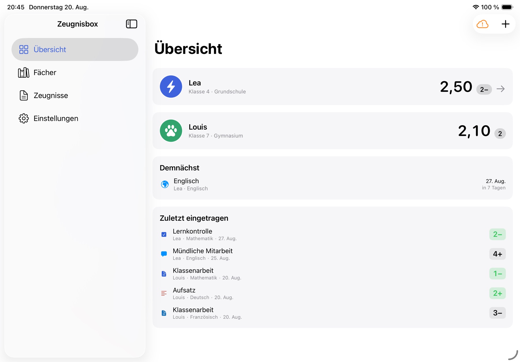 Zeugnisbox auf dem iPad im Querformat: Seitenleiste links, Personenkarten mit Gesamtschnitt, darunter „Demnächst“ und „Zuletzt eingetragen“
