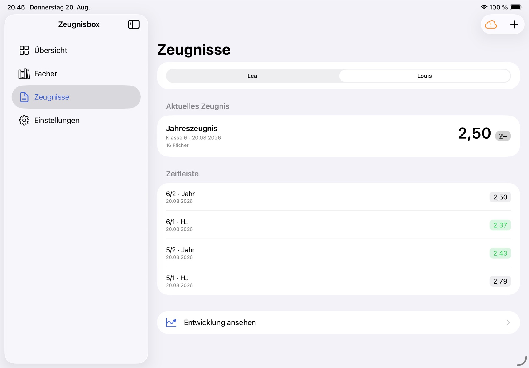 Zeugnisse auf dem iPad mit aktuellem Jahreszeugnis und der Zeitleiste