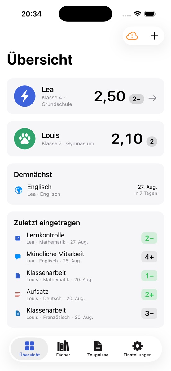Übersicht mit Gesamtschnitt, Trendpfeil, zuletzt eingetragenen Noten und den nächsten geplanten Arbeiten